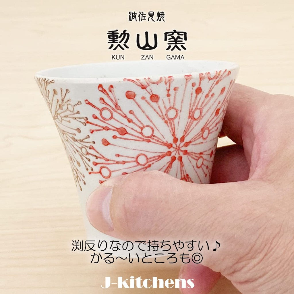 J-kitchens Kunzan Kiln Teapot Set Hasami Ware Made in Japan (Teapot Pair with Teacups Stylish Tea Set) 240cc 140cc for 1 to 2 persons with Strainer Flower Core Pattern Red