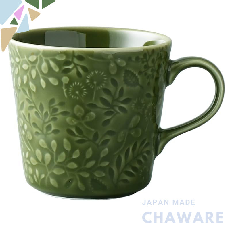NARUMI Anna Emilia Mug 350cc in Forest Green with Floral Design - Cute Relief, Oversized, Microwave, Oven, and Dishwashe