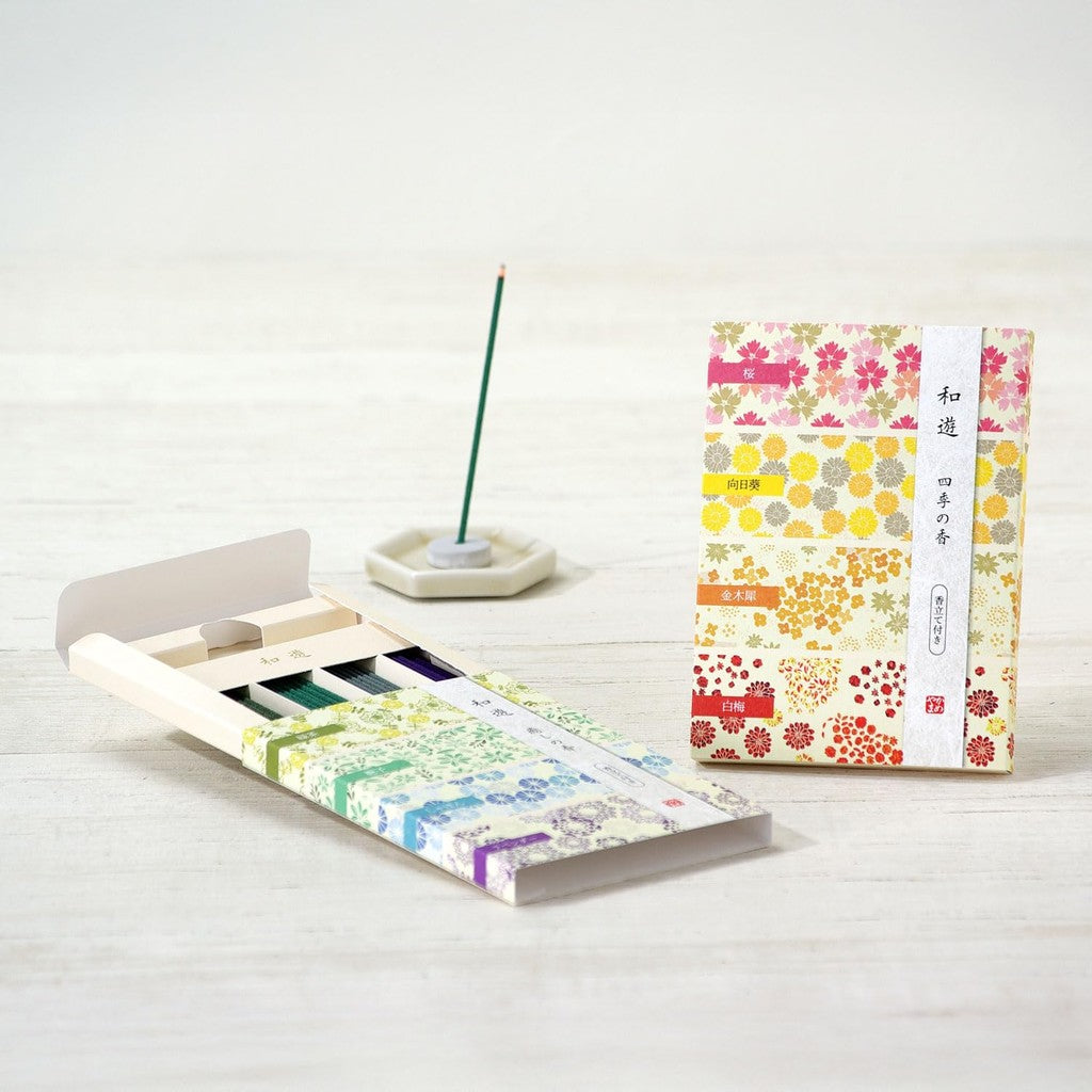 Kameyama Wayu Assorted Healing Scents (Green Tea / Gardenia / Soap / Lavender) - 1 Box of Incense Sticks with Holder.