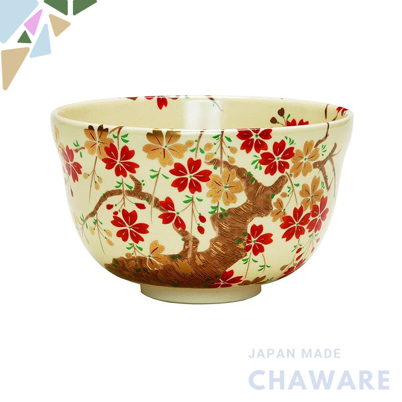 Miyachi Eikou Matcha Bowl (White) Size: Diameter 12.4 cm x Height 7.8 cm, Kutani Ware with Weeping Cherry Blossom Design
