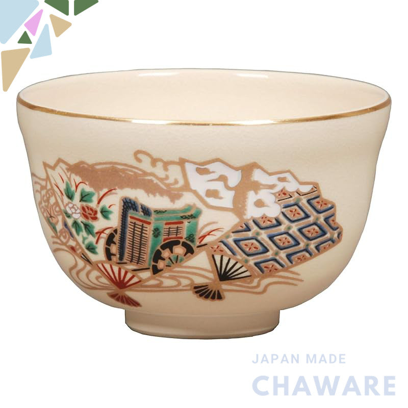 Miyachi Eikou Matcha Bowl, White. Size: Diameter 12.4cm x Height 7.8cm. Kinkoo Gosho-guruma, Packed in a paper box.