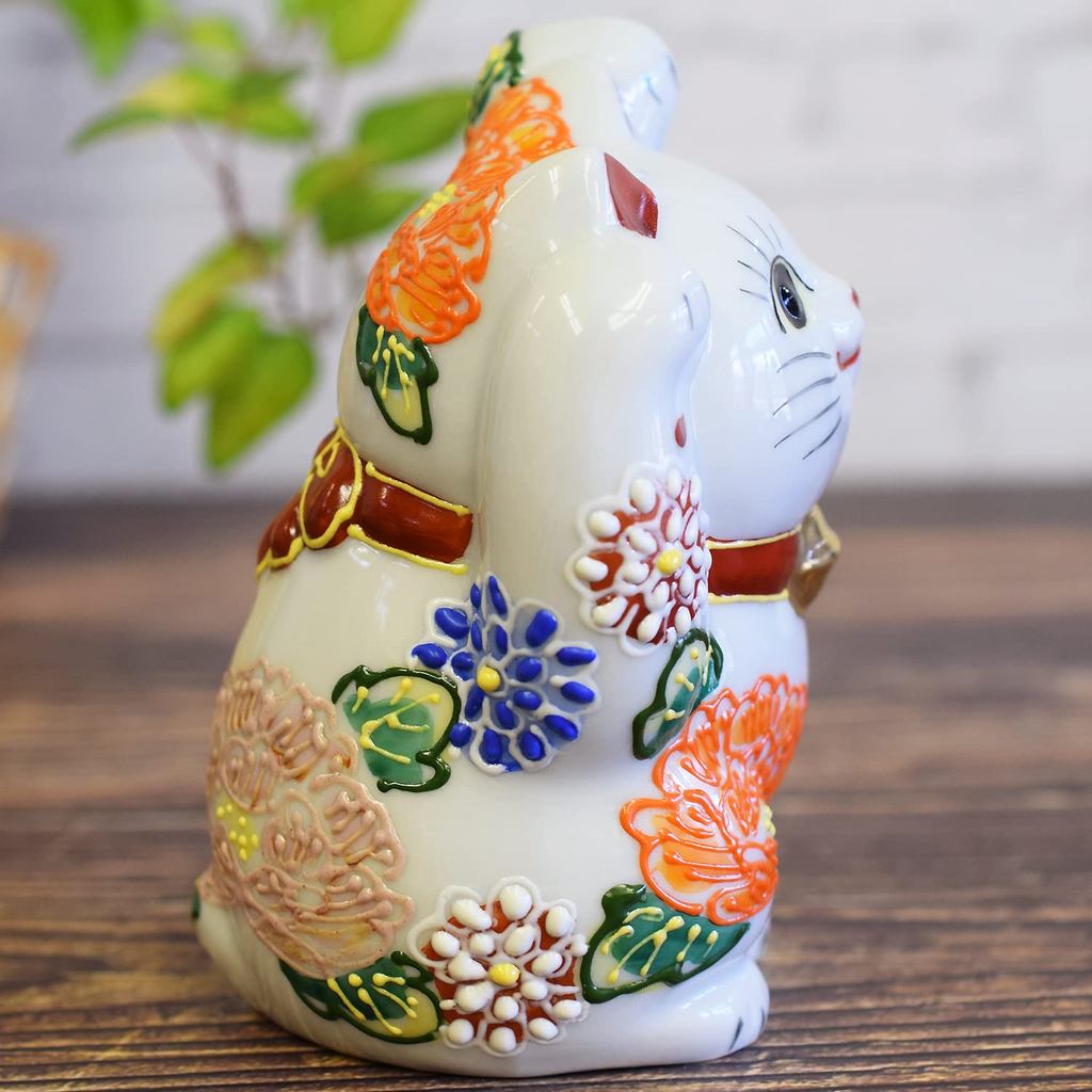 Cute Kutani Maneki Neko Ceramic Figurine, Both-Paws Floral Lucky Cat for Feng Shui Home Decor Gift
