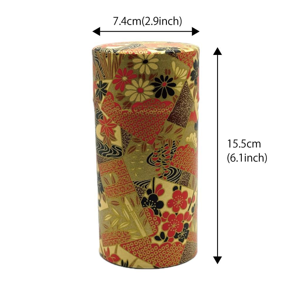 Noguchi Kumataro Tea Garden Large Capacity 200g Tea Canister with Inner Lid, Gold Sunset Design, Made in Japan, Stylish and Elegant Japanese Washi Paper Wrapped.