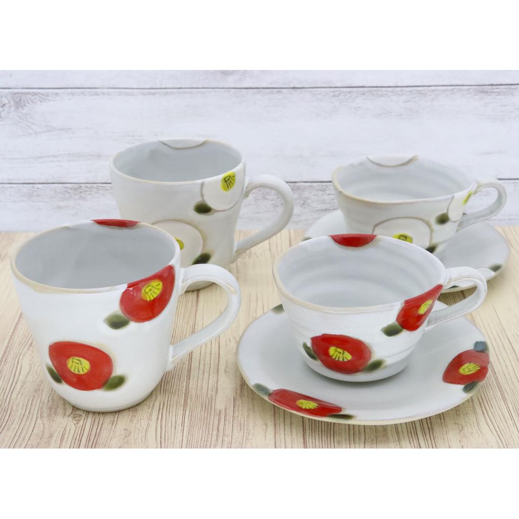 Craftsman House Seto-yaki Mug & Saucer Coffee Cup Set - White Camellia, Japanese Pottery