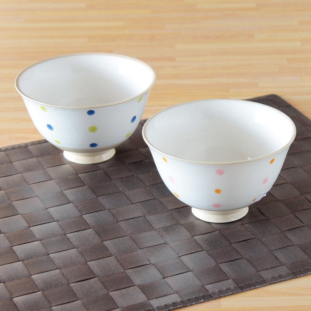 Ranchant Pair Rice Bowls 11.8x7cm Two-Tone Polka Dot Hasami-Yaki Japanese Porcelain - Made in Japan