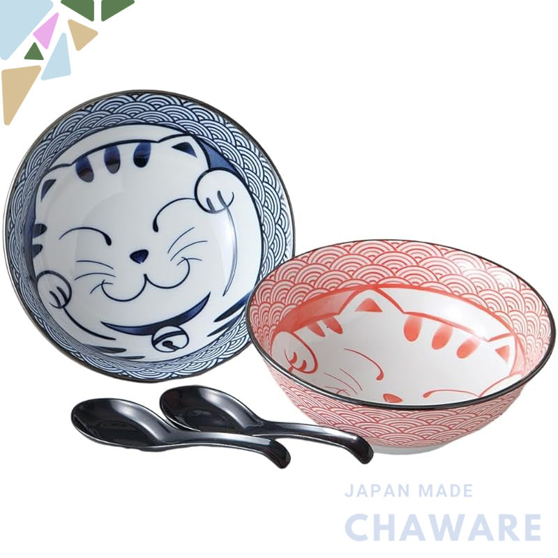 Ale-net Ramen Bowls 2-Piece Set with Spoons - Blue Seigaiha Cat Porcelain, Mino-Yaki, Made in Japan