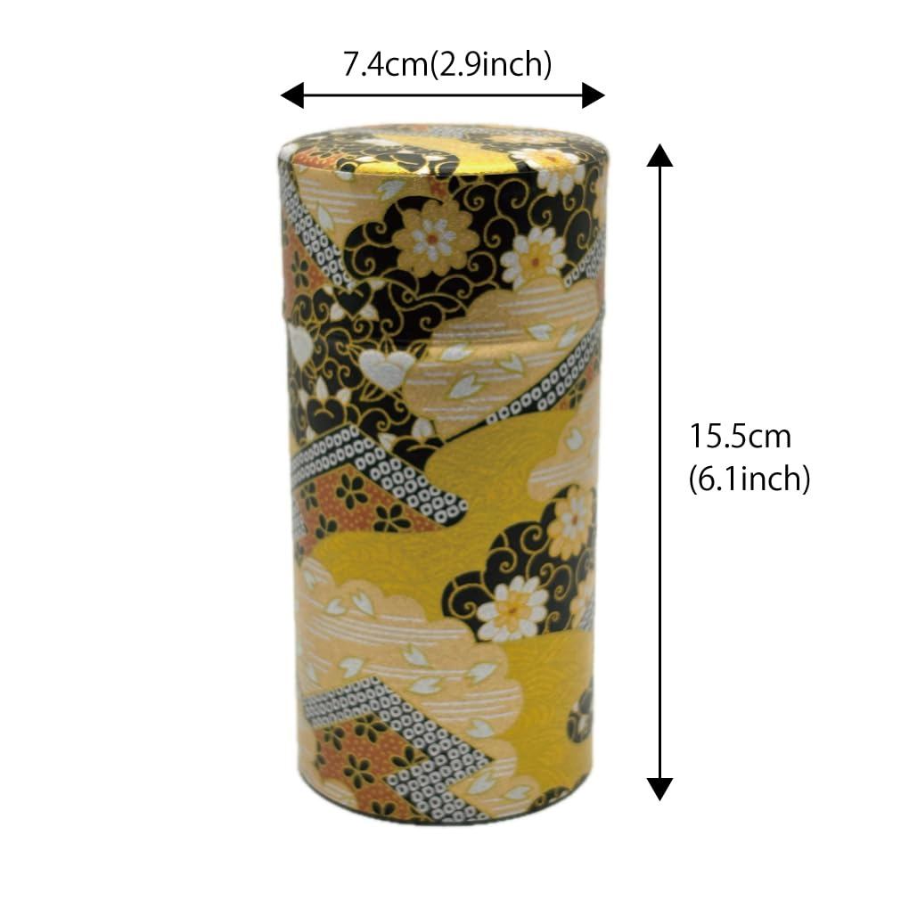 Kumataro Noguchi Tea Canister - 200g Large Capacity, Japanese Washi Paper Design, Includes Inner Lid, Elegant Gold Arabesque, Made in Japan