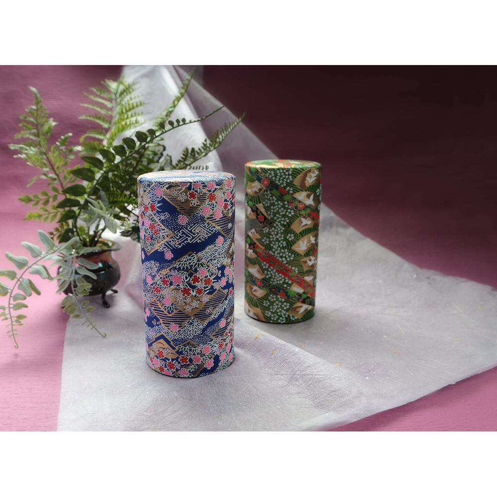 Noguchi Kumataro Tea Garden Large Capacity Tea Canister 200g, Yuzen Washi Design with Inner Lid - Adorned with Cranes and Fans, Stylish Japanese-made Container