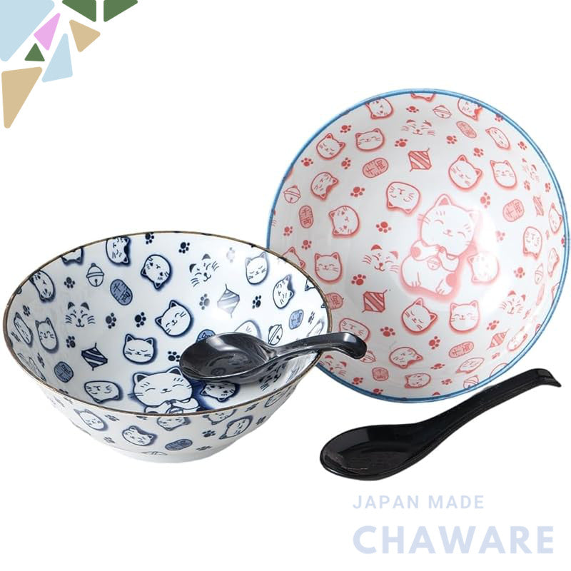 Ale-net Ramen Bowls 2pcs 19.8x7.6cm Onegai Neko Cat Design Porcelain Mino-yaki Made in Japan