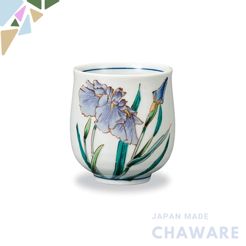 Marusan Miyamoto Kutani-yaki Tea Cup - 7.2cm Diameter x 8.2cm Height, Seasonal Flower Design, Iris Pattern, Traditional
