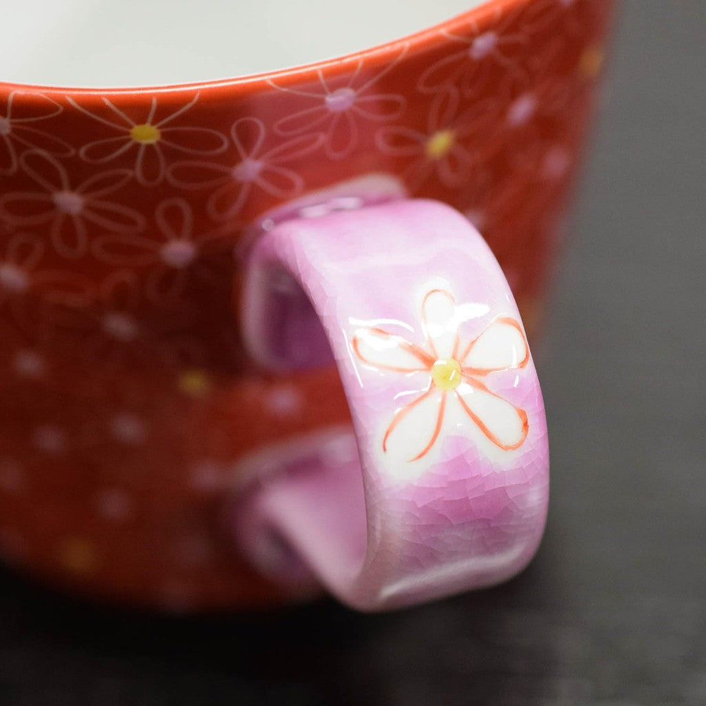 Stylish Kutani Ceramics Mug with Pink Floral Pattern, Perfect Gift for 60th, 77th Birthdays, and Special Occasions like Red and Joyous Celebrations. Ideal for Presents!chawan