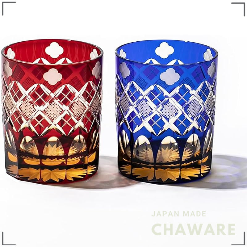 TABLEAU Edo Kiriko Old Glass Pair, Amber Red & Amber Blue, Yotsuba Pattern, TB94429ARB, Japan Gift