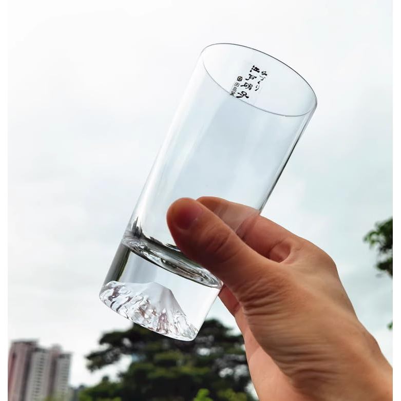 Authentic Tajima Glass Mt. Fuji Tumbler, Handmade in Japan, Coaster Included, Beer Sake Whisky Gift