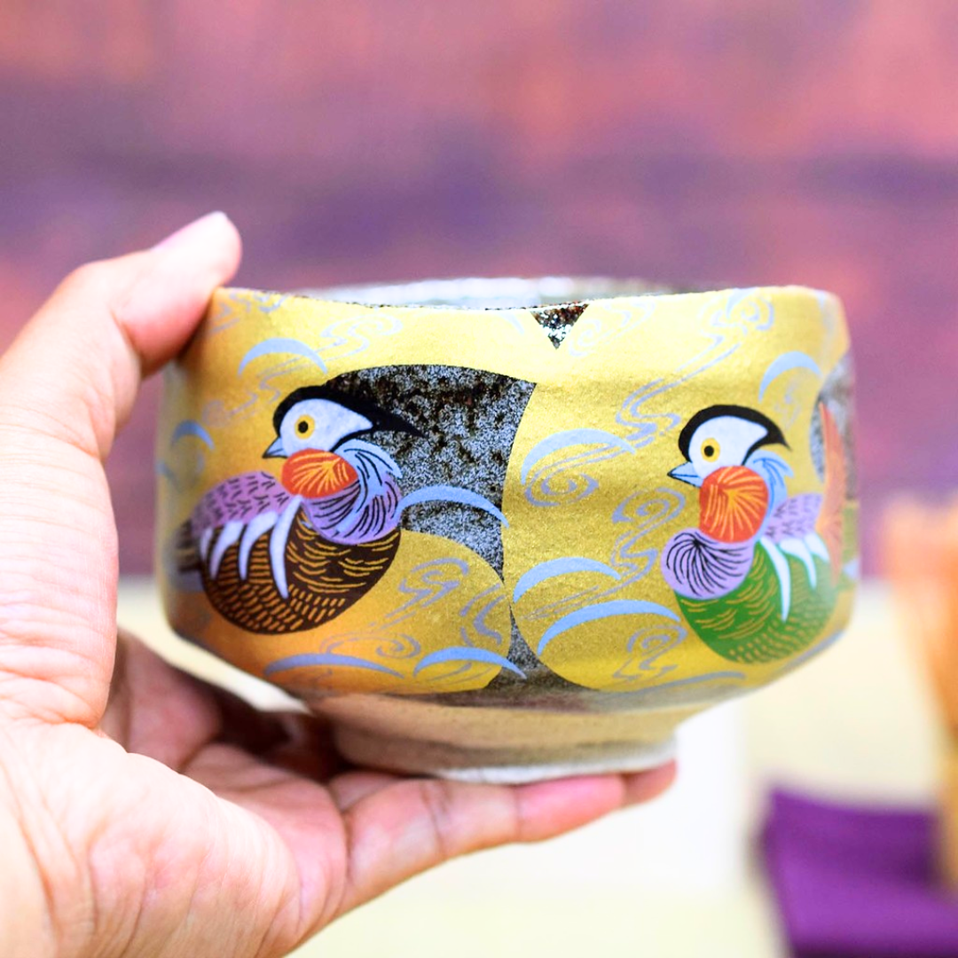 Gold Leaf Mandarin Duck Matcha Bowl, Kutani Ware