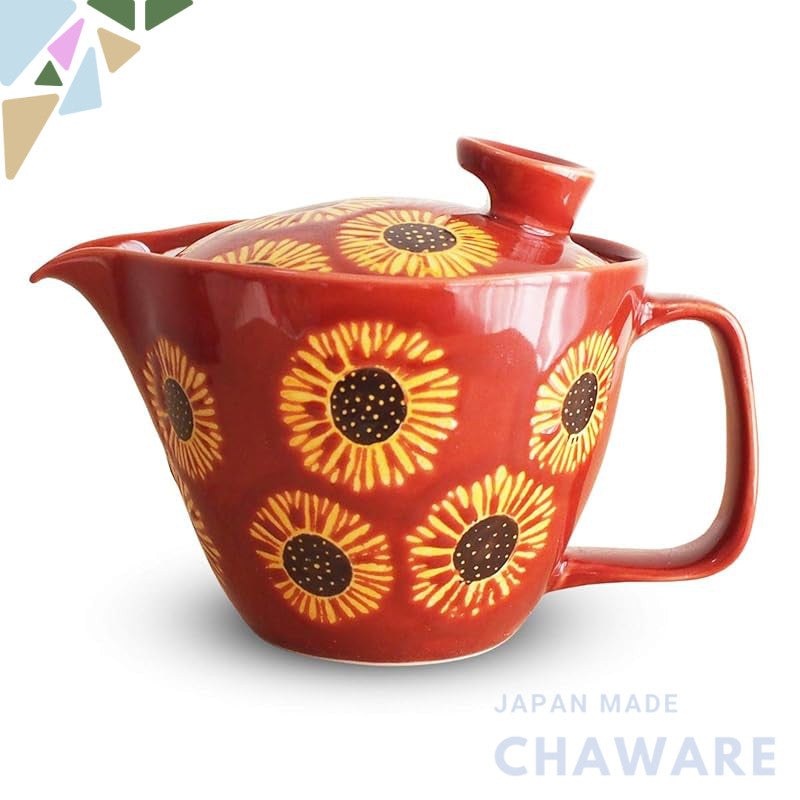 J-kitchens Kunzan Kiln Teapot with Strainer 240ml for 1-2 People Hasami Ware Made in Japan Sunflower Dark Red