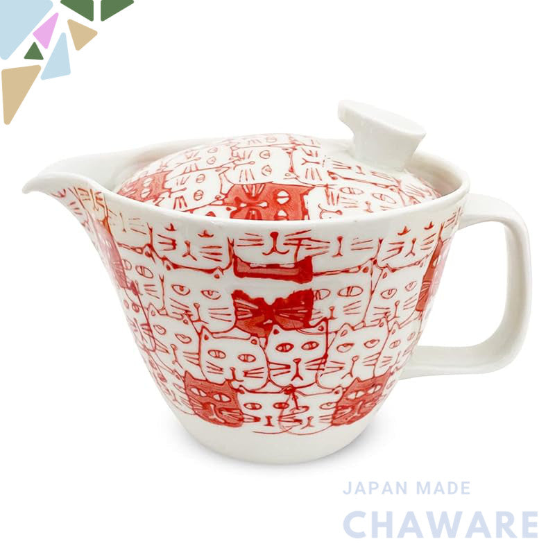 J-kitchens Kyusu Teapot, Hasami Ware, Made in Japan, with Strainer, 385ml, Large, for 2 to 3 People, Cats Red, Main Body