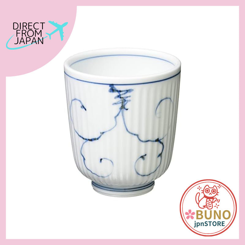 Hasami ware lightweight tea cup (large) with arabesque grape pattern in blue, microwave safe, dishwasher safe, made in J
