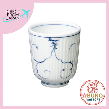 Hasami ware lightweight tea cup (large) with arabesque grape pattern in blue, microwave safe, dishwasher safe, made in J
