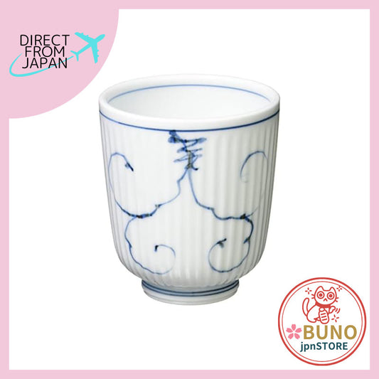 Hasami ware lightweight tea cup (large) with arabesque grape pattern in blue, microwave safe, dishwasher safe, made in J