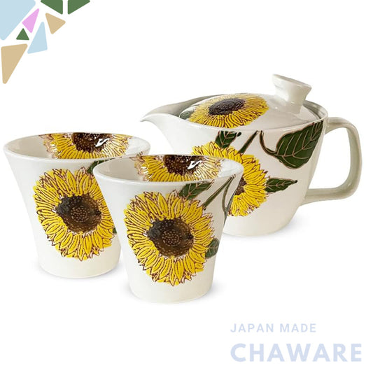 J-kitchens Teapot 240ml & Pair of Tea Cups Set Hasami Yaki Made in Japan Single to Double Use with Strainer Colorful Sun
