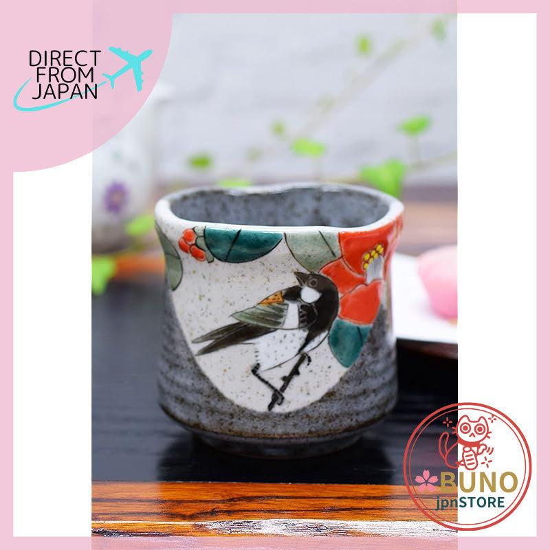 【made in japan】
Stylish Yunomi (tea cup) - Kutani ware, featuring camellia and Japanese bush warbler design, ceramic, br