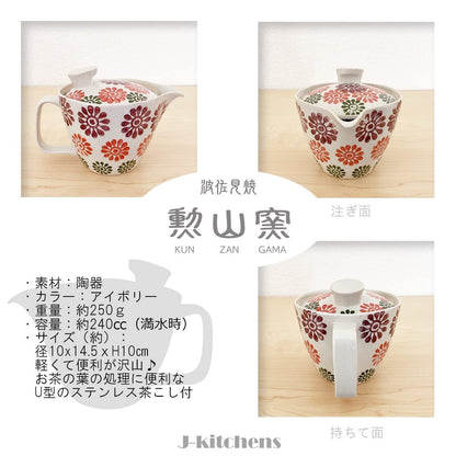 J-kitchens Teapot, Hasami Ware, Made in Japan, Small 240ml, Serves One to Two People, with Tea Strainer, Flower Komon Pattern, Red, Microwave Safe, Dishwasher Safe.