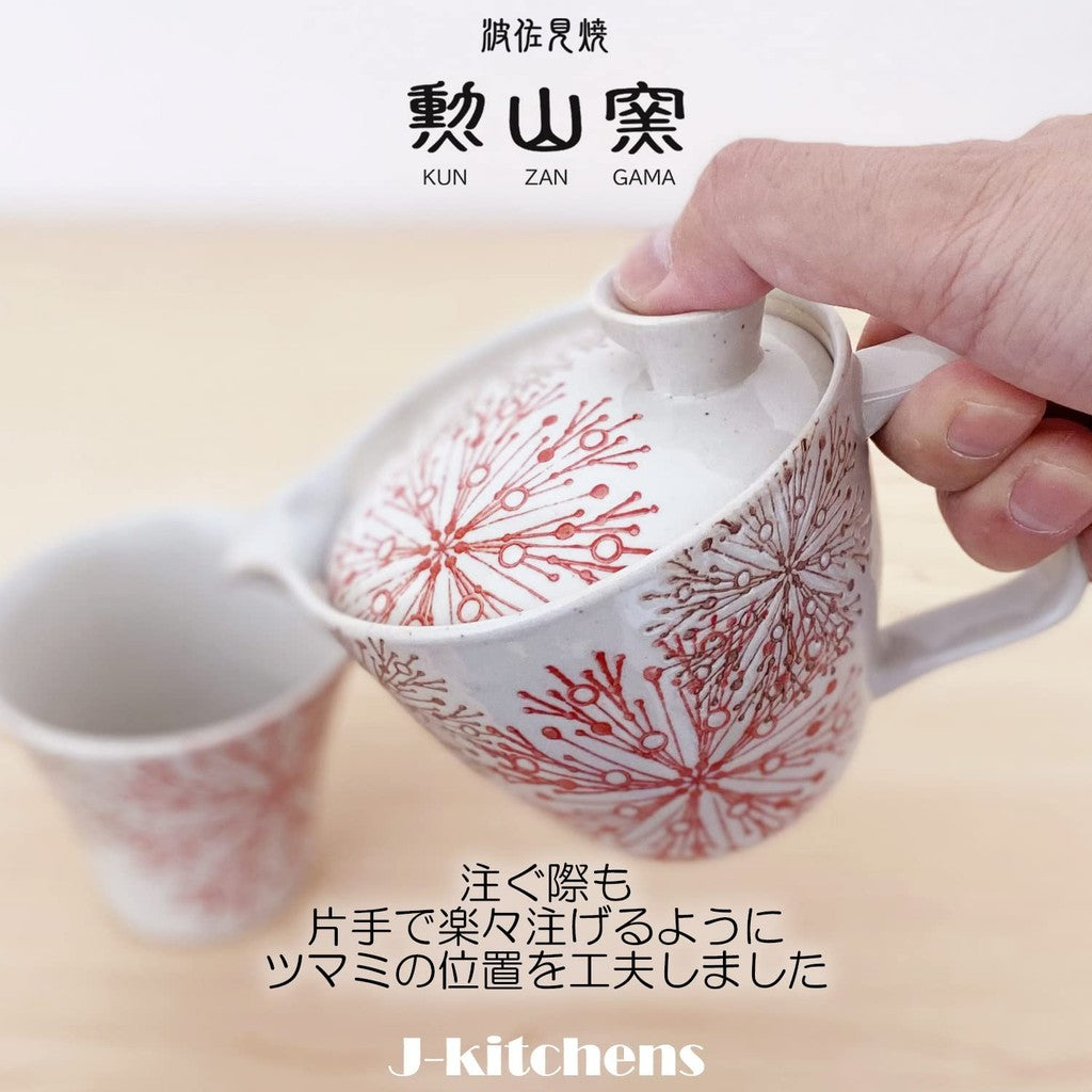 J-kitchens Kunzan Kiln Teapot Set Hasami Ware Made in Japan (Teapot Pair with Teacups Stylish Tea Set) 240cc 140cc for 1 to 2 persons with Strainer Flower Core Pattern Red