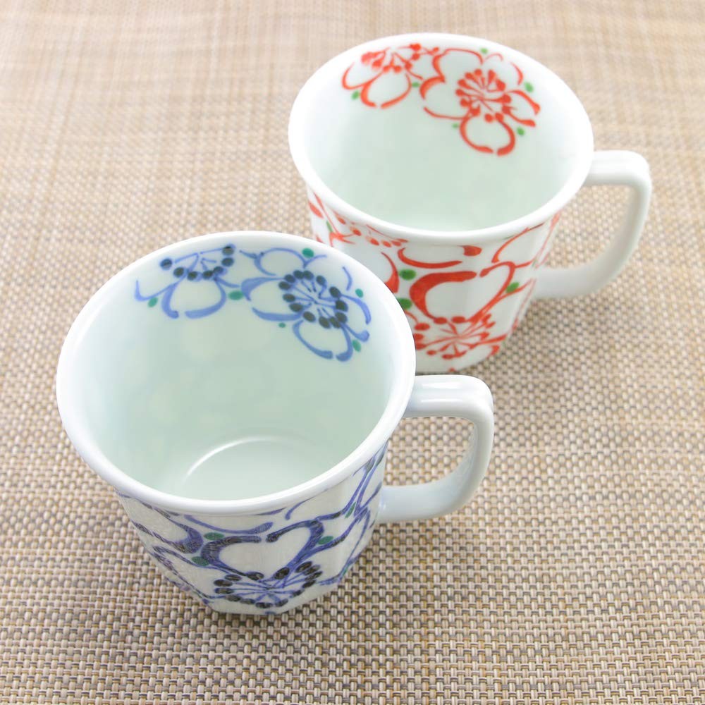 Arita-yaki and Hasami-yaki Mug, Large Floral Light Mug (Blue), Lightweight, Available in Paired Colors, Cherry Blossom Floral Pattern | Japanese Tableware, Pottery, Sangaibishi