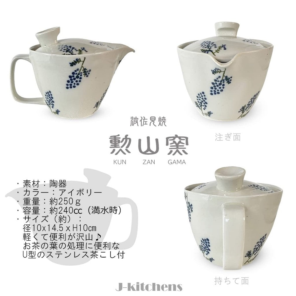 J-kitchens Teapot with Strainer 240ml for 1 to 2 Persons, Hasami Ware, Made in Japan, Water-resistant Mimosa (Earthenware), Pot S, Blue