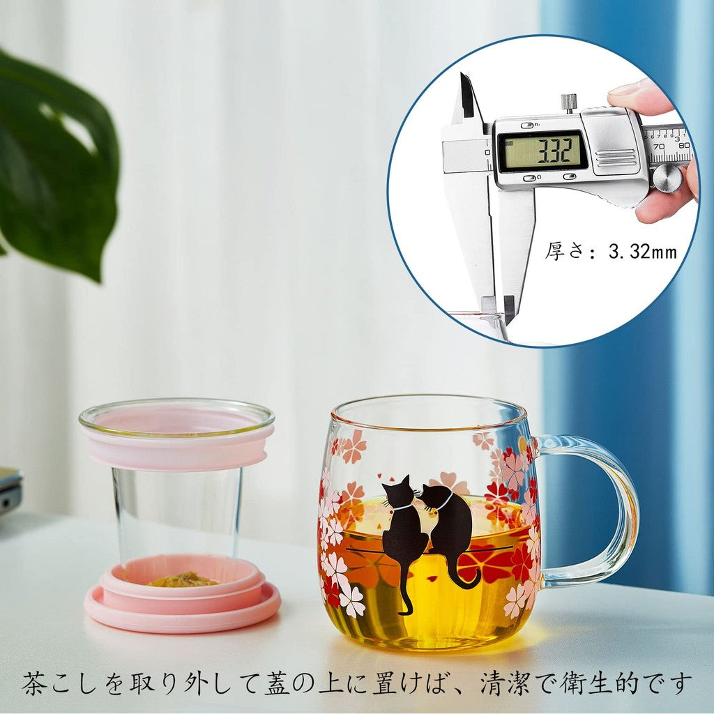 Pokaroti Heat-Resistant Glass Mug with Tea Strainer, Transparent Cherry Blossom Cat Cup that Changes Color with Temperature, Japanese Cherry Blossom Spring Day, Full Bloom, Mysterious Cat, Happiness, with Handle Lid, Perfect for Love, Weddings, Birthdays,