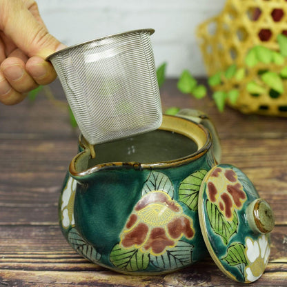 Kyusu Stylish Kutani Ware Teapot Green Camellia Ceramic Japanese Tableware Made in Japan with Tea Strainer Attached