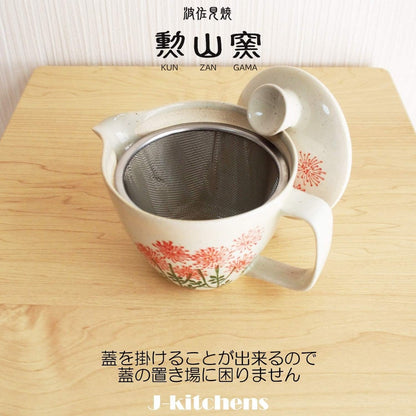J-kitchens Teapot with Strainer, Hasami Ware, Made in Japan, 240ml, Large Size, for One to Two Persons, Wildflower Design, Red, Microwave Safe, Dishwasher Safe.