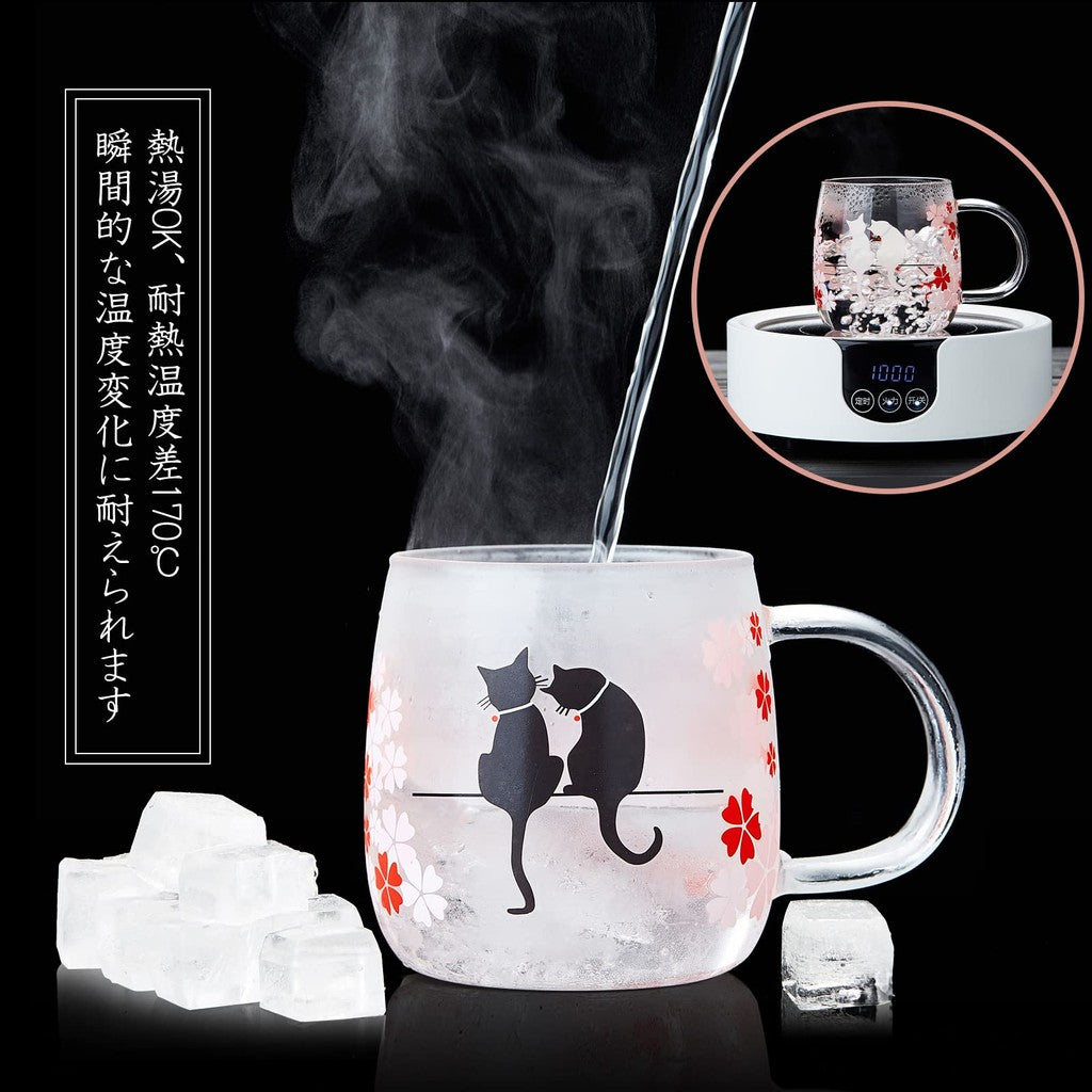 Pokaroti Heat-Resistant Glass Mug with Tea Strainer, Transparent Cherry Blossom Cat Cup that Changes Color with Temperature, Japanese Cherry Blossom Spring Day, Full Bloom, Mysterious Cat, Happiness, with Handle Lid, Perfect for Love, Weddings, Birthdays,