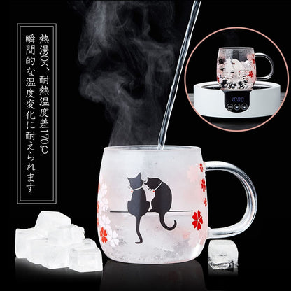 Pokaroti Heat-Resistant Glass Mug with Tea Strainer, Transparent Cherry Blossom Cat Cup that Changes Color with Temperature, Japanese Cherry Blossom Spring Day, Full Bloom, Mysterious Cat, Happiness, with Handle Lid, Perfect for Love, Weddings, Birthdays,
