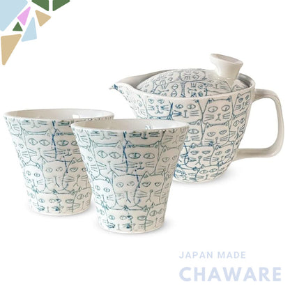 J-kitchens Teapot 240ml & Pair of Tea Cups Set, Hasami Porcelain, Made in Japan, for 1-2 persons, with Strainer, Water-R