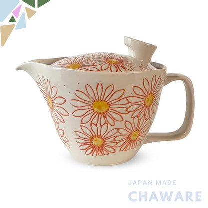 J-kitchens Teapot with Strainer, Hasami Ware, Made in Japan, 240ml, Large, for One to Two People, Small Wild Chrysanthem
