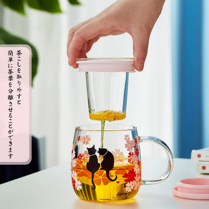 Pokaroti Heat-Resistant Glass Mug with Tea Strainer, Transparent Cherry Blossom Cat Cup that Changes Color with Temperature, Japanese Cherry Blossom Spring Day, Full Bloom, Mysterious Cat, Happiness, with Handle Lid, Perfect for Love, Weddings, Birthdays,
