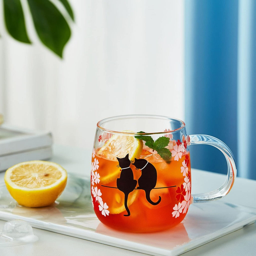 Pokaroti Heat-Resistant Glass Mug with Tea Strainer, Transparent Cherry Blossom Cat Cup that Changes Color with Temperature, Japanese Cherry Blossom Spring Day, Full Bloom, Mysterious Cat, Happiness, with Handle Lid, Perfect for Love, Weddings, Birthdays,