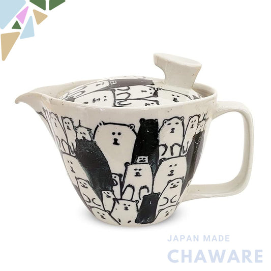 J-kitchens Kyusu Teapot Hasami Porcelain, Made in Japan, with Strainer, 240ml, Large, for 1 to 2 people, Bear Design, Bl