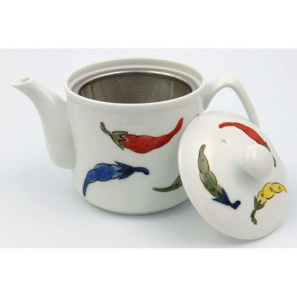 Hasami-yaki Issei Toki Lightweight Fuwari Lightweight Pot Kyusu Teapot Small Size with Colorful Chili Design, approximately 15cm wide x 11.5cm deep x 9cm high, capacity approximately 300ml, made of porcelain, made in Japan, 23082.