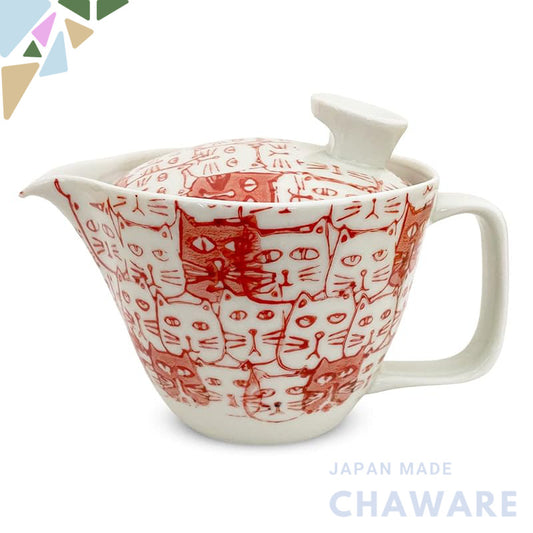 J-kitchens Teapot with Strainer, Hasami Ware, Made in Japan, 240ml, Large (for 1 to 2 servings), Cats (Cat Pattern), Red