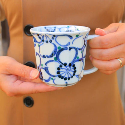 Arita-yaki and Hasami-yaki Mug, Large Floral Light Mug (Blue), Lightweight, Available in Paired Colors, Cherry Blossom Floral Pattern | Japanese Tableware, Pottery, Sangaibishi