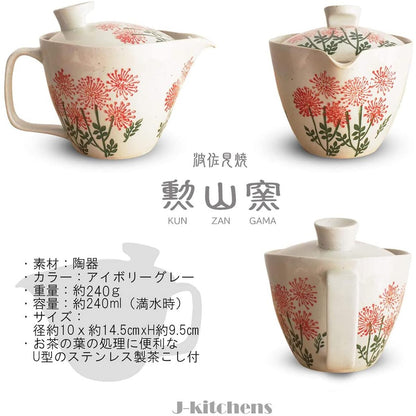 J-kitchens Teapot with Strainer, Hasami Ware, Made in Japan, 240ml, Large Size, for One to Two Persons, Wildflower Design, Red, Microwave Safe, Dishwasher Safe.