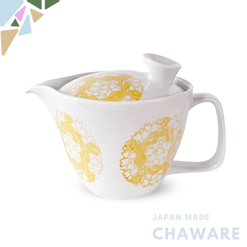 J-kitchens Teapot with Strainer, 240ml, for 1 to 2 people, Hasami Ware, Made in Japan, Round Pattern Sakura, Pot S, Yellow