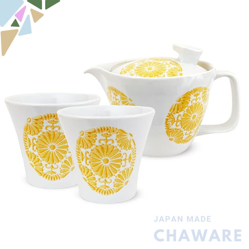 J-kitchens Kunzan Kiln Teapot Set Hasami Ware Made in Japan (Teapot with Pair of Stylish Teacups Tea Set) 240cc 130cc for 1 to 2 persons with Tea Strainer Circle Flower Yellow