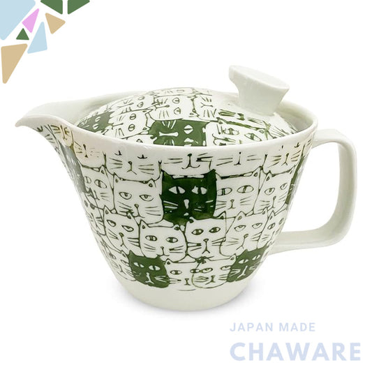 J-kitchens Kunzan Kiln Teapot with Strainer 385ml, for 2 to 3 people, Hasami Ware, Made in Japan, Cats Green L