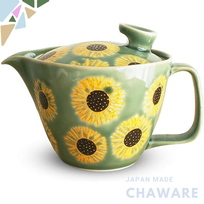 J-kitchens Teapot with Strainer, Hasami Porcelain, Made in Japan, 240ml Large, for 1-2 People, Sunflower Design, Moss Gr