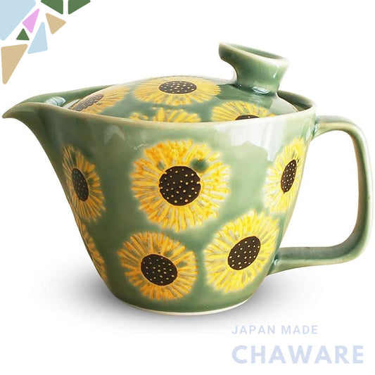 J-kitchens Teapot with Strainer, Hasami Porcelain, Made in Japan, 240ml Large, for 1-2 People, Sunflower Design, Moss Gr