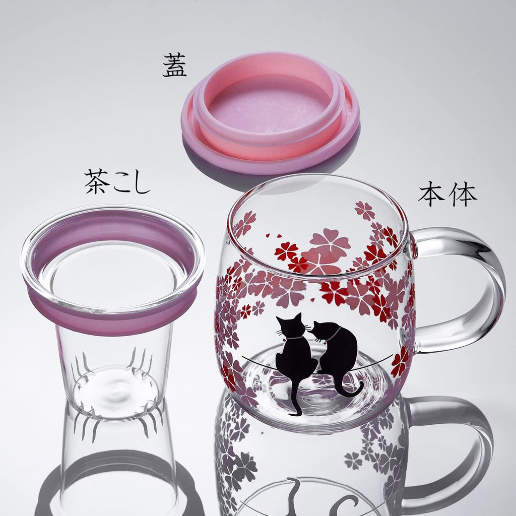 Pokaroti Heat-Resistant Glass Mug with Tea Strainer, Transparent Cherry Blossom Cat Cup that Changes Color with Temperature, Japanese Cherry Blossom Spring Day, Full Bloom, Mysterious Cat, Happiness, with Handle Lid, Perfect for Love, Weddings, Birthdays,