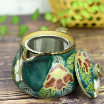 Kyusu Stylish Kutani Ware Teapot Green Camellia Ceramic Japanese Tableware Made in Japan with Tea Strainer Attached